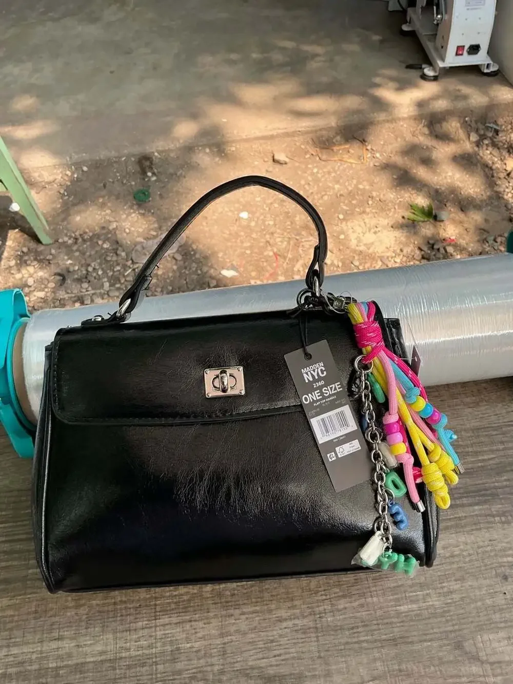 Madden NYC Flap Top Handle Black Satchel with Multi-Color Beaded Rope Bag Charm